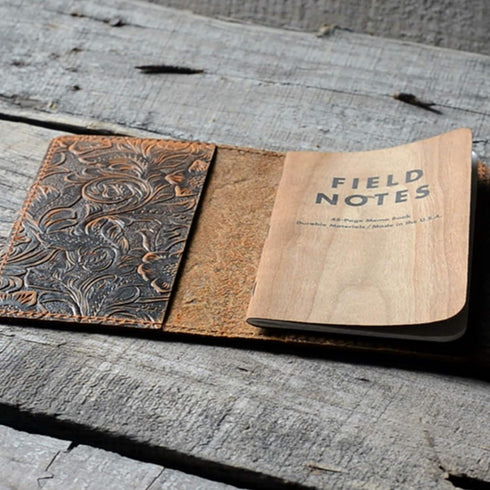 JJNUSA Distressed Leather Checkbook Journal Cover, Vintage Refillable Notepad, 3.5" x 5.5", Flower Brown