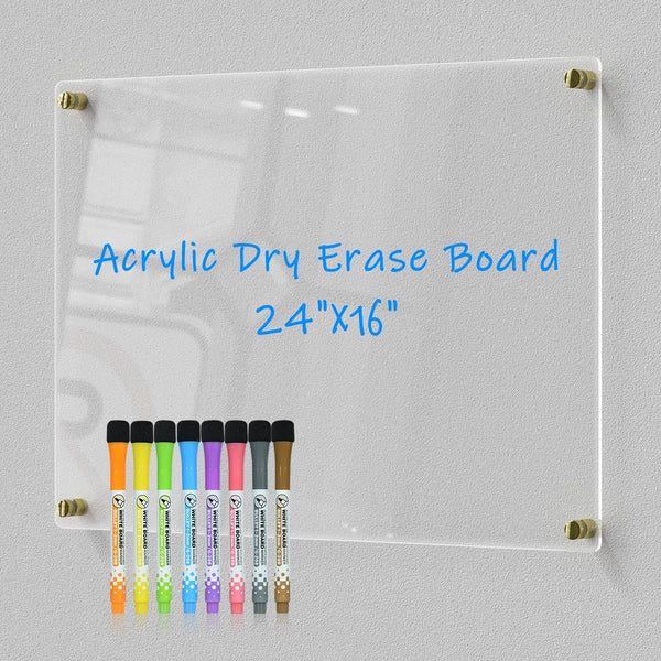 Clear Acrylic Dry-Erase Board 24x16", Wall-Mount Writing Panel, Includes 8 Markers, Eraser, Install Kit for Home &