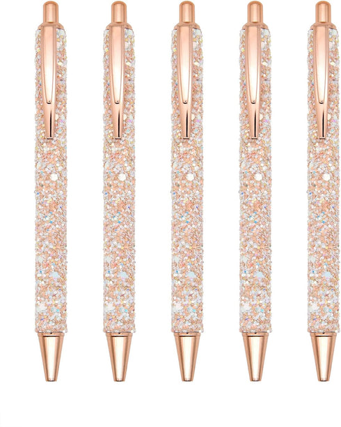 Gullor 5PCS Ballpoint Pens, Glitter Click Ball Pens, Black Ink Medium Point 1mm, for Office Supplies Gift Wedding Birthday, Gold