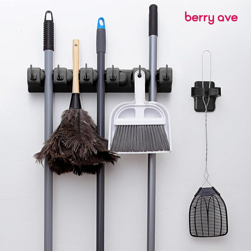 5 1 Combo Slot Broom Holder w/ Self Adhesive Mop Gripper No-Drilling, Wall Mount Tool Organizers For Kitchen, Garage