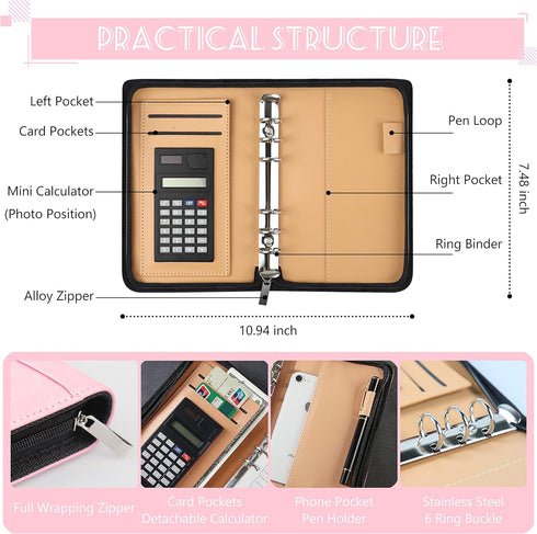 Budget Binder with Zipper Envelopes - Cash Envelopes for Budgeting, A6 PU Leather Planner with Calculator