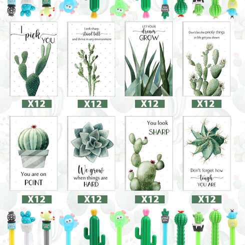 96 Set Colarr Cactus Themed Gifts Bulk with Cute Cartoon Cactus Pens Inspirational Pocket Notepads Motivational