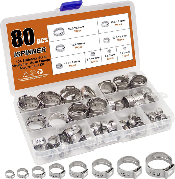 ISPINNER 80pcs 304 Stainless Steel Single Ear Stepless Hose Clamps, 5.8-23.5mm for Automotive Use