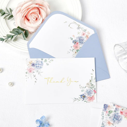 50Pcs, 4 6 Inch Crisky Floral Thank You Cards with Envelopes, Wildflower Hydrangea Blank Cards and Envelopes