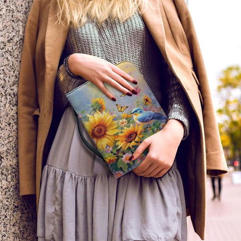 Sunflower Hummingbird Bible Cover Case, PU Leather Waterproof Protector with Handle, Large Size Tote Bag