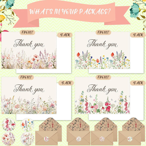 Noveread 100 Pack 4 6 Inch Wildflower Thank You Cards with Envelopes and Stickers x Spring Floral Blank Cards