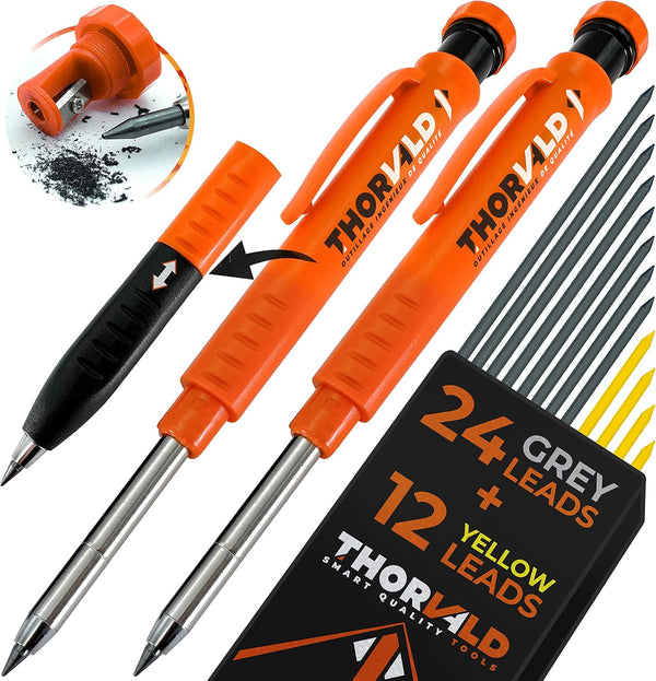 THORVALD 2 Carpenter Pencils Set for Construction - Includes 38 Leads + Sharpener + Finger Grip for Best Marking Tools