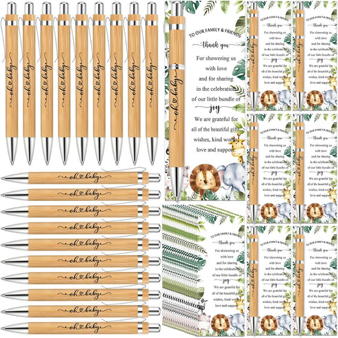 Zhanmai 100 Sets Safari Baby Shower Favors, Includes Bamboo Pens and Thank You Cards, Jungle Safari Decorations