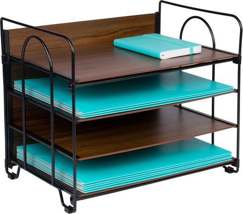 Office Organizer with 4 Tiers, Desk File Organizer with Wood Patterned Shelves for Storage of Paper, Bills, Letters
