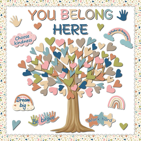 Boho Classroom Tree Bulletin Board Decor You Belong Here Heart Cutouts Border Supplies for Chalkboard Elementary School