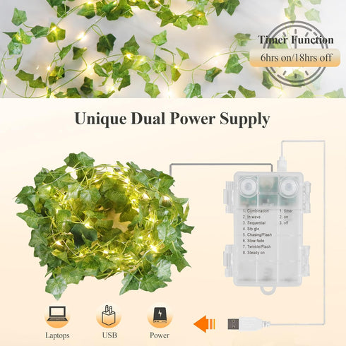 Operated,23FT 73LED YOUNGAR Ivy Vines with Fairy Lights,Leaf String Warm White Lights Battery/USB Fake for Bedroom Wall