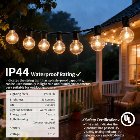 25Ft G40 27 Bulbs, E12 5W Abeja Outdoor Patio String Lights, Outdoor Globe String Lights with Clear Hanging Light