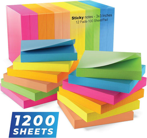 Sticky Notes 3x3 in (12 Pads), Bright Colored Super Self Sticky Pads, 100 Sheets/Pad, Easy to Post for School, Office