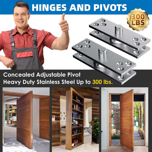 300LB Mount,1 Set) Heavy Duty Hidden Pivot Hinges Stainless Steel for Murphy Door Bookshelf Secret Room Invisible Door