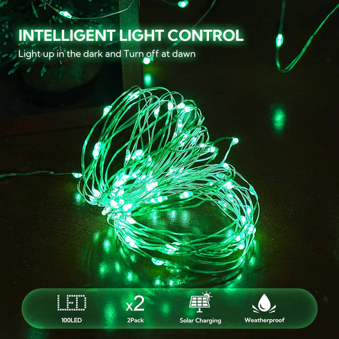 2 Pack 100 LED Solar Green String Lights, 33ft Solar Halloween Lights, 8 Modes Waterproof for Party Decor