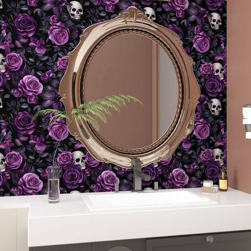 17.5" 393.7", Black Purple Wallpaper Peel and Stick, Dark Floral Skull Contact Paper x Vintage Rose Gothic Flowers Wall