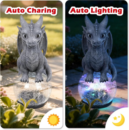 Dragon Garden Statue with Solar Crackle Glass Ball - Gothic Outdoor Decor for Patio & Yard - Mystical Dragon Guardian