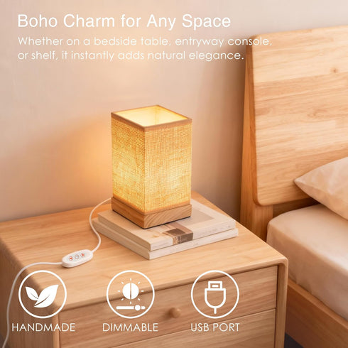 Dimmable LUSHARBOR Boho Bedside Table Lamp, Decorative Rattan Lamp Battery Operated, Small Nightstand Boho Lamp Accent