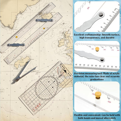 Xosjska 3 Set, 16 Inch 6 Inch Pcs Basic Navigation Include Parallel Ruler with Brass Arms Nautical Protractor