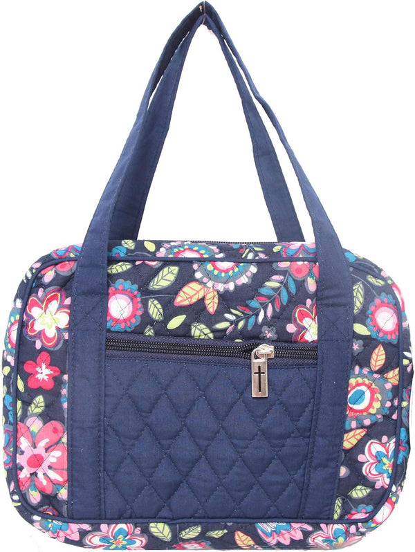 DIWI Extra Large Bible Cover, 11.25 x 8.25 x 2.75 Inches Quilted Cotton Tote Case (XL, C2 Navy Flowers)