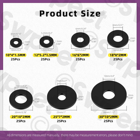 Swpeet 175Pcs Flat Rubber Washers Assortment Kit - 7 Sizes 10/12/16/18/20/25/30mm Heavy Duty Black Rubber Pads