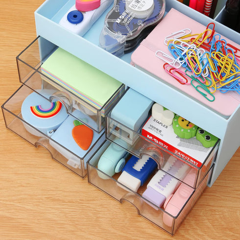 LETURE Desk Organizer with Drawer, Blue Desktop Accessories Caddy for Pens, Business Cards, and Paperclips