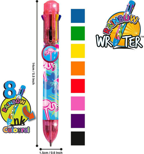 Deluxebase Flamingo Multicolor Pen - 8 in 1 Retractable Ballpoint for Kids Back to School & Office Supplies
