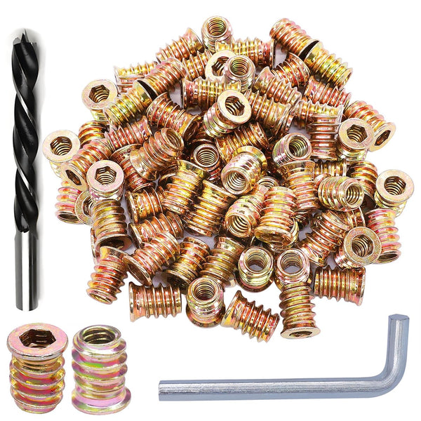 100pcs Threaded Inserts for Wood, Screw in Nut Fastener Connector, Steel Hex Drive Nut Inserts for Furniture