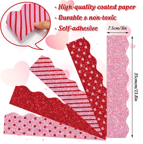 Whaline 69Ft Valentine's Day Glitter Bulletin Board Borders 5 Designs Shine Red Pink Heart Stripe Dot Decoration Trim Bulletin Board Stickers for Romantic School Classroom Office Party Decoration by Whaline