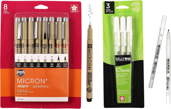 SAKURA Pigma Micron Fineliner Pens & Gelly Roll Classic White Pens, Assorted Point Sizes for Writing, Drawing,