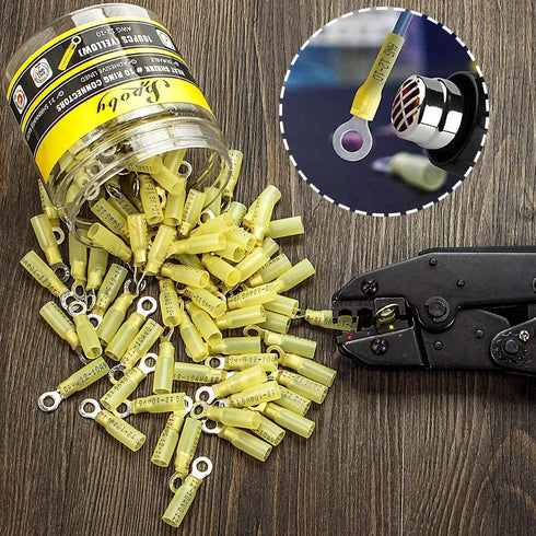 100PCS Heat Shrink Ring Connectors #10 Yellow, 12-10 AWG, Sopoby Electrical Connectors for Automotive Marine