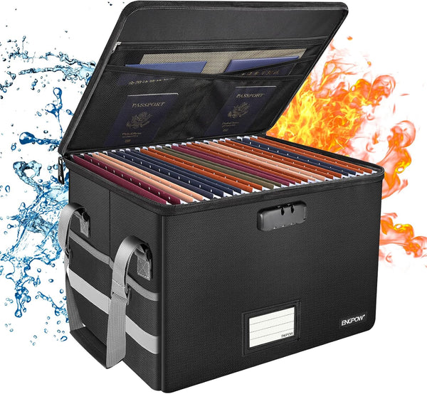 ENGPOW Fireproof File Box with Lock, Collapsible Document Storage Organizer, Portable Home Office Safe for Hanging