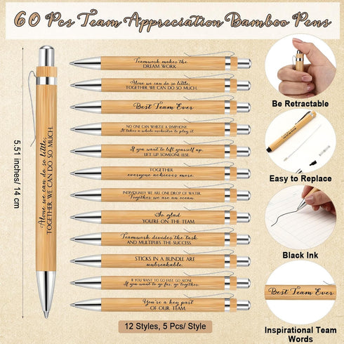 Sayglossy 60 Sets Team Gifts Bulk for Employee Motivational Bamboo Pens with Silicone Keychains Teamwork Bookmarks