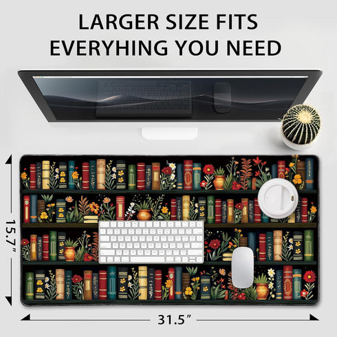 Mcapirivo 31.5"x15.7" Vintage Library Bookshelf Large Gaming Mouse Pad Flower XXL Desk Mat, Non-Slip Rubber Base