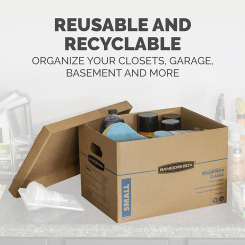 Bankers Box Classic Moving Box 12 Pack Kit, Reinforced Handles, Tape-Free Assembly, 8 Small and 4 Medium Boxes