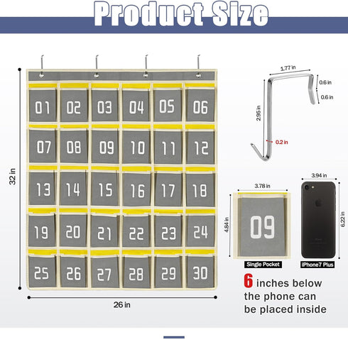 Loghot Numbered Classroom Sundries Closet Pocket Chart, 30 Pockets Gray, Wall Door Hanging Organizer for Cell Phones