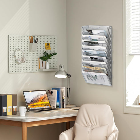 EasyPAG Mesh Wall File Holder, 10 Pockets Vertical Office Hanging File Organizer, Silver Magazine Rack for Documents