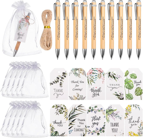 Chewtoyo Set 50 Employee Appreciation with Bamboo Ballpoint Pens, Pcs, Thank You Card & Organza Bag in Green Plant