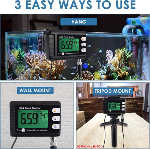 2 in 1 Temperature pH Monitor Meter Tester, 0~14.0 pH Automatic Buffer Recognition for Hydroponics and Water Testing
