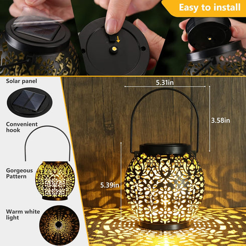 2 Pack Brizled Solar Lantern Lights, Outdoor LED Hanging Lantern Lights with Star Projection, Warm White Solar Garden
