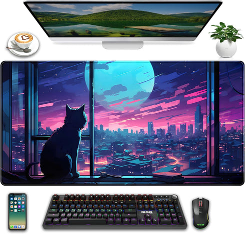 XXL Large Cool Purple Kawaii Anime Moom Cat Desk Mat, Cute City Cats Gaming Mouse Pad 31.5x15.75 in