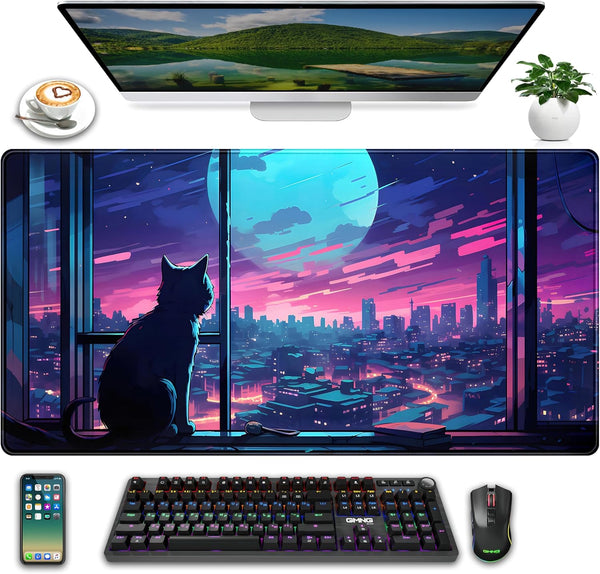 XXL Large Cool Purple Kawaii Anime Moom Cat Desk Mat, Cute City Cats Gaming Mouse Pad 31.5x15.75 in