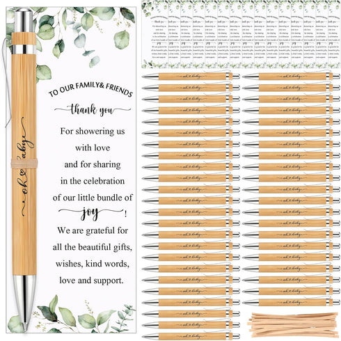 Yeaqee 100 Sets Woodland Safari Baby Shower Gifts - Bamboo Pens and Greeting Cards for Gender Reveal Favors