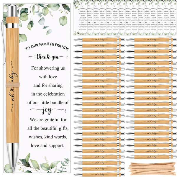 Yeaqee 100 Sets Woodland Safari Baby Shower Gifts - Bamboo Pens and Greeting Cards for Gender Reveal Favors