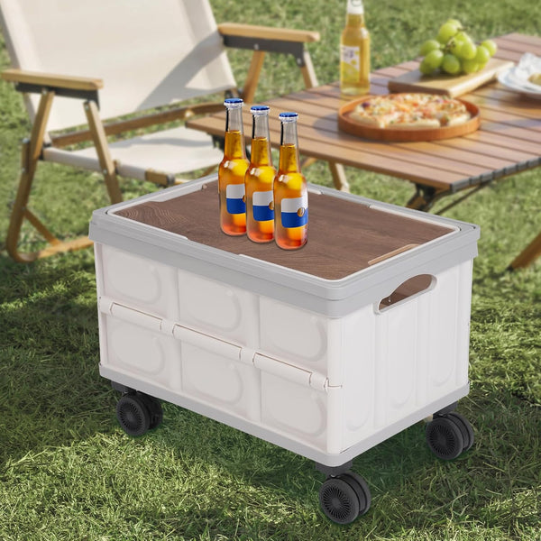 LUOSHALIYA Foldable Utility Cart Portable with Wheels, Rolling Crate with Wooden Cover, Collapsible
