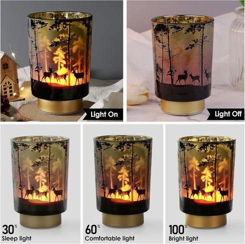 Eywamage Small Battery Operated Table Lamp, Forest Deer Mood Light with Remote, Cordless Glass Lamp