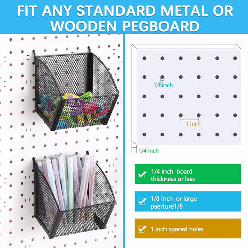 4 Pack Metal Wire Pegboard Baskets, Hanging Wall Mount Storage Bins, Pegboard Containers for Office Workshop Organizing