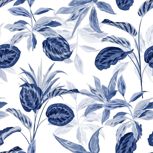 Palm Tree Leaf Navy Blue and White Floral Wallpaper, Peel and Stick Tropical Wallpaper, Removable for Bathroom
