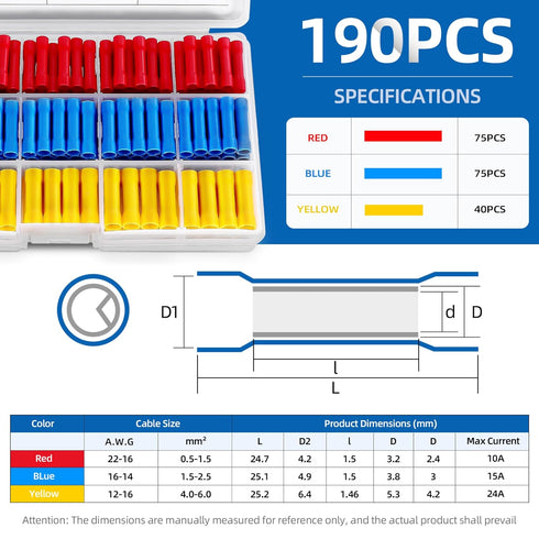 Wire Connectors Insulated Butt Terminals Kit, Automotive Marine Electrical Terminals, 190PCS Butt Splice Connectors