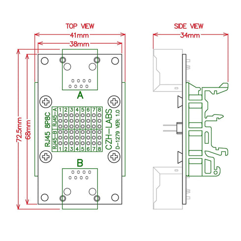 RJ45 8P8C Breakout Module Board with DIN Rail Mount